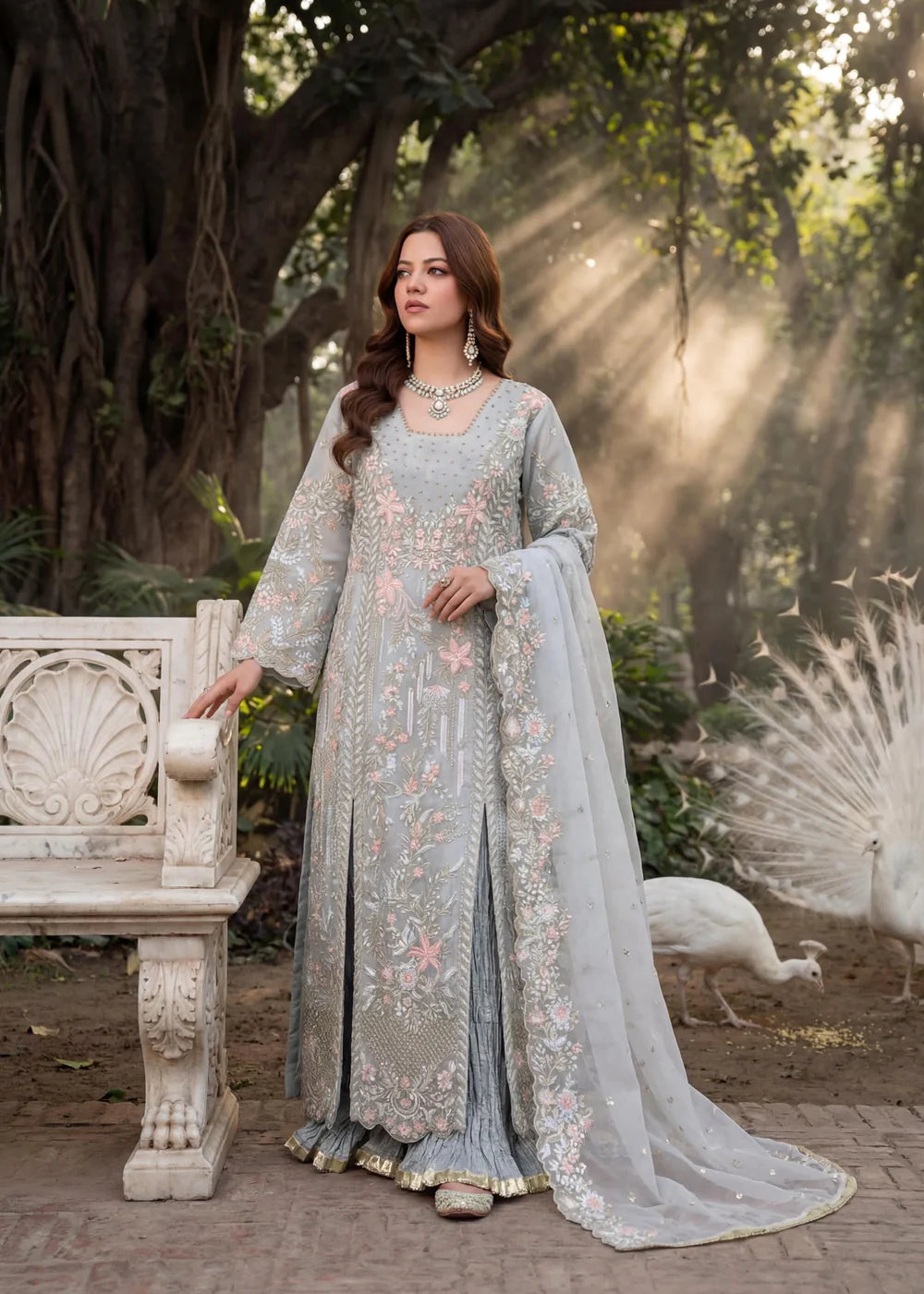 Duck Egg Grey Embroidered Organza Sharara Set (3-Piece)