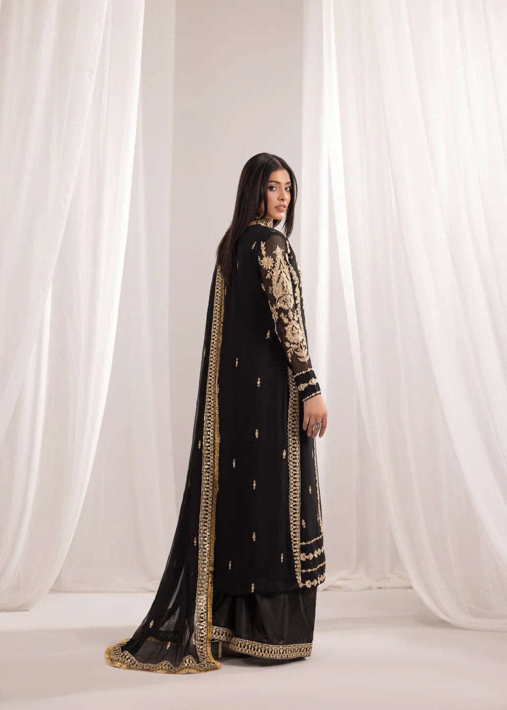 Jet Black Embroidered A-Line Pishwas Set (3-Piece) – Ready to Wear