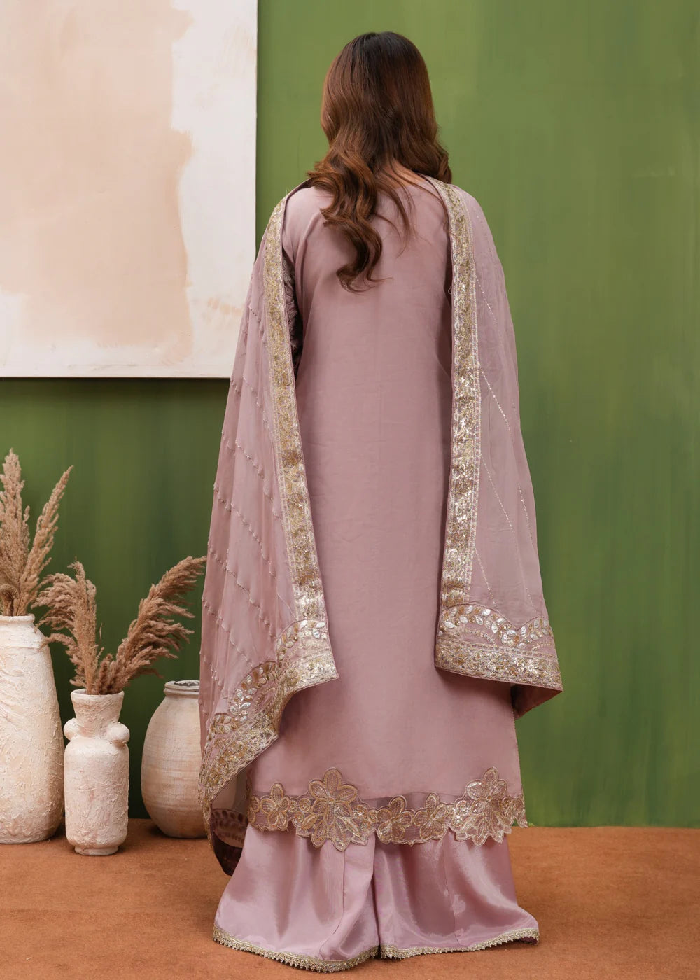 Indian Pink Embellished Organza Sharara Set (4-Piece)