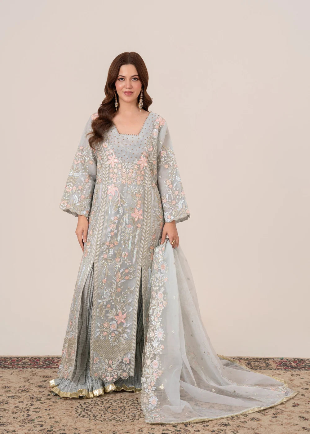 Duck Egg Grey Embroidered Organza Sharara Set (3-Piece)