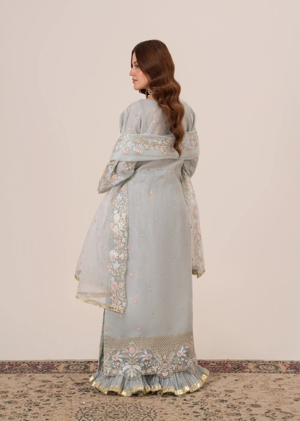 Duck Egg Grey Embroidered Organza Sharara Set (3-Piece)