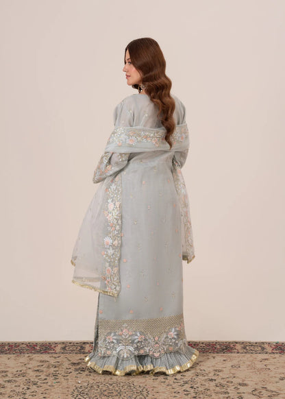 Duck Egg Grey Embroidered Organza Sharara Set (3-Piece)