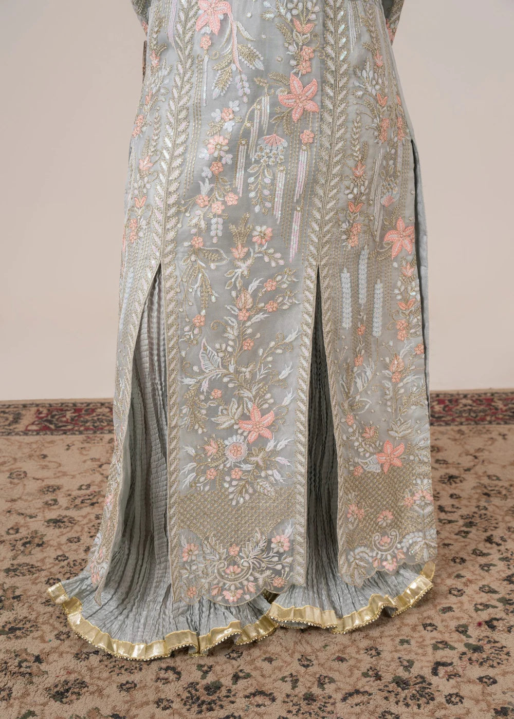 Duck Egg Grey Embroidered Organza Sharara Set (3-Piece)