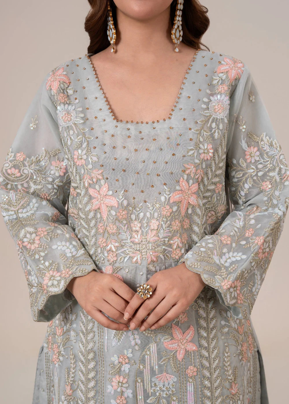 Duck Egg Grey Embroidered Organza Sharara Set (3-Piece)