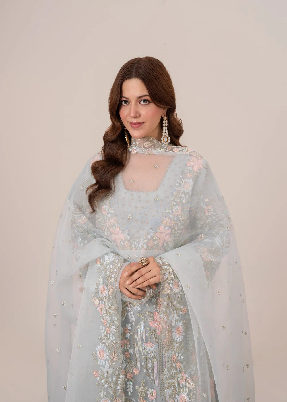 Duck Egg Grey Embroidered Organza Sharara Set (3-Piece)