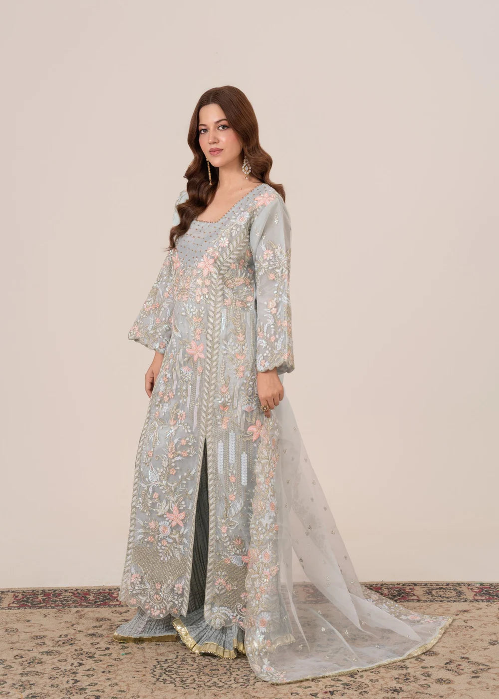 Duck Egg Grey Embroidered Organza Sharara Set (3-Piece)