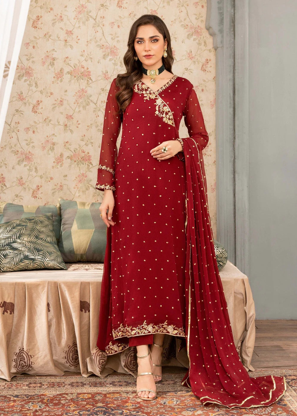 Agha Jaan – Luxury Maroon Chiffon 3-Piece Set