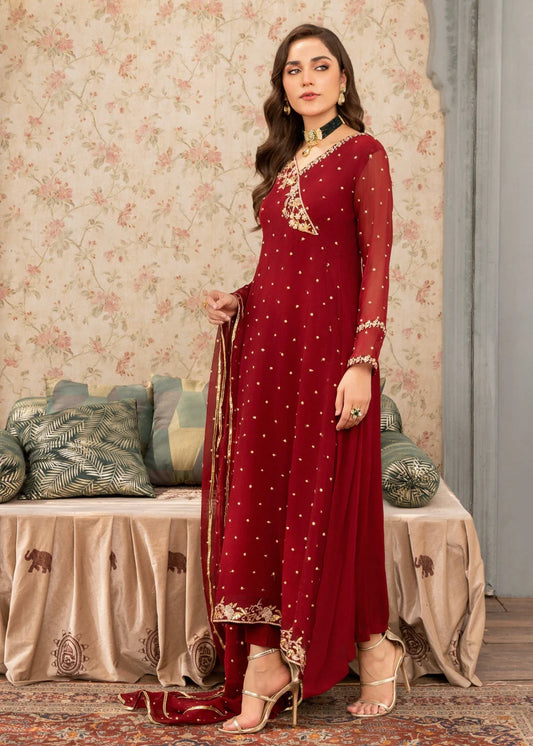 Agha Jaan – Luxury Maroon Chiffon 3-Piece Set