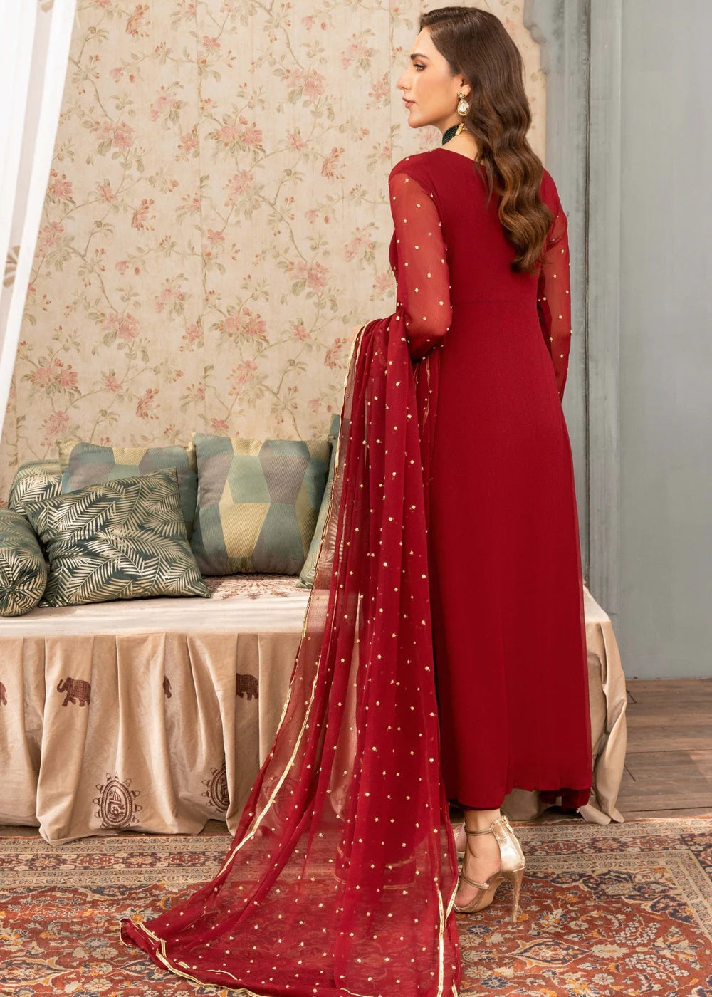 Agha Jaan – Luxury Maroon Chiffon 3-Piece Set