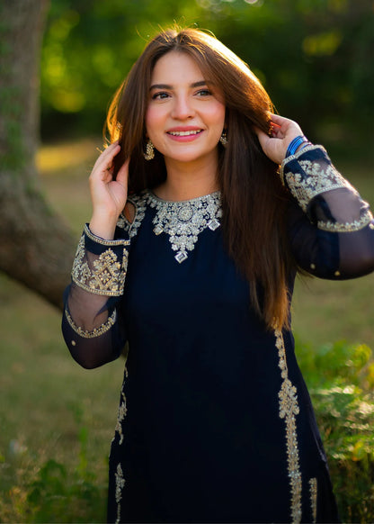 Blue Luxury Chiffon Embroidered Sharara Set (3-Piece)