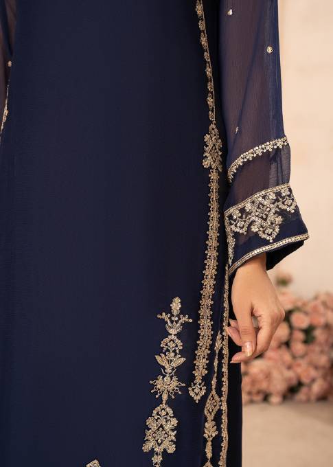 Blue Luxury Chiffon Embroidered Sharara Set (3-Piece)