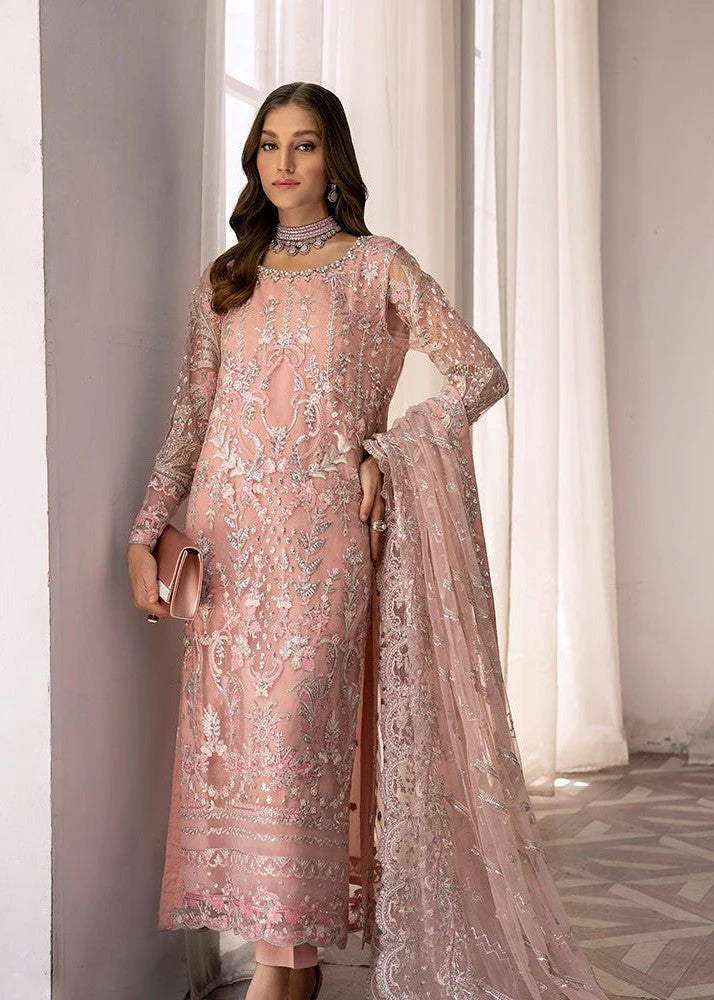 Pastel Pink Embroidered Net Kurta Set (3-Piece)