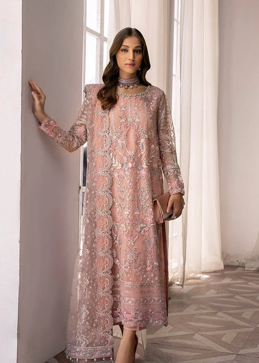 Pastel Pink Embroidered Net Kurta Set (3-Piece)