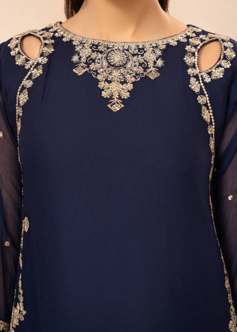 Blue Luxury Chiffon Embroidered Sharara Set (3-Piece)