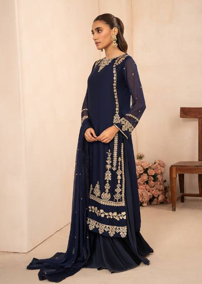 Blue Luxury Chiffon Embroidered Sharara Set (3-Piece)