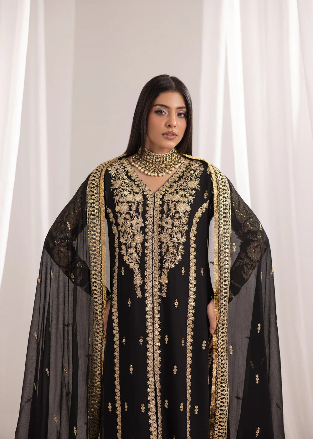 Jet Black Embroidered A-Line Pishwas Set (3-Piece) – Ready to Wear