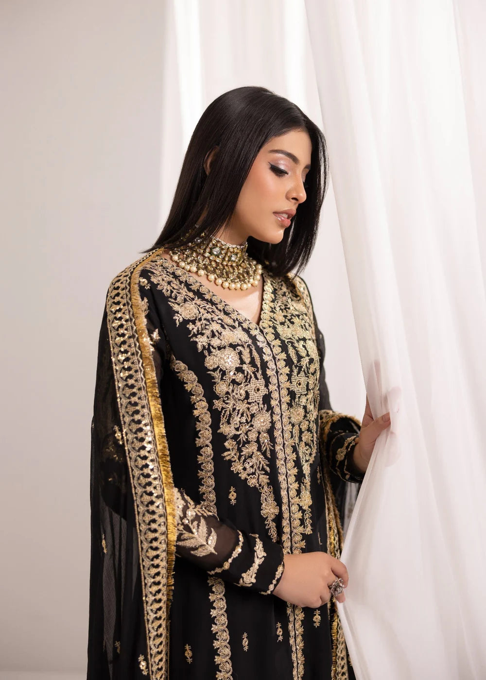 Jet Black Embroidered A-Line Pishwas Set (3-Piece) – Ready to Wear