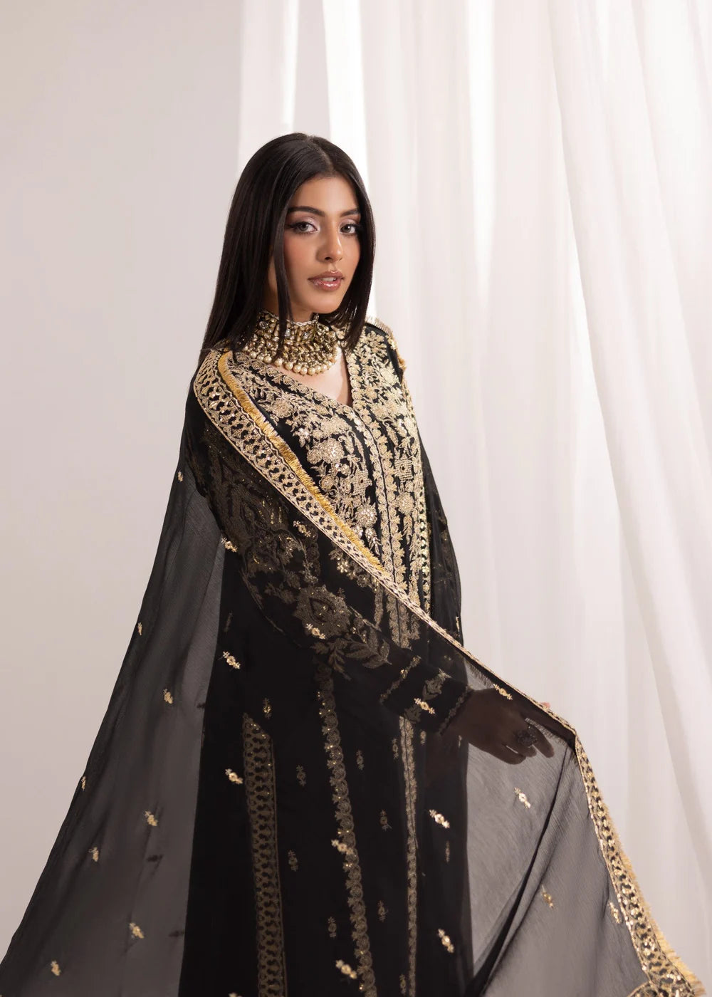 Jet Black Embroidered A-Line Pishwas Set (3-Piece) – Ready to Wear