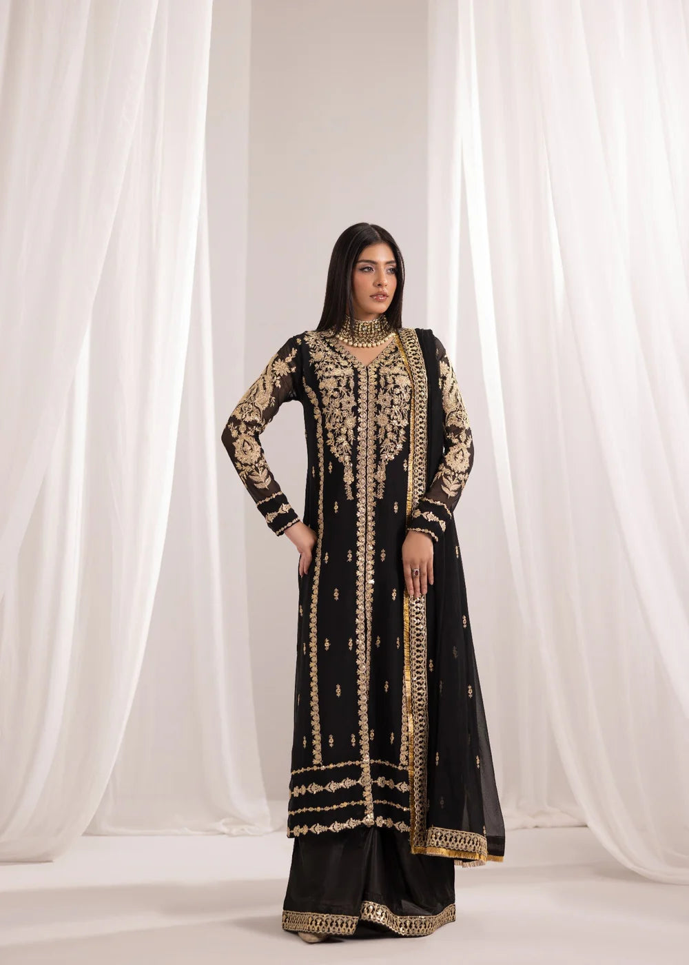 Jet Black Embroidered A-Line Pishwas Set (3-Piece) – Ready to Wear